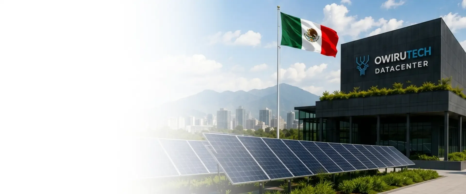 Datacenter Owirutech con paneles solares y bandera de México