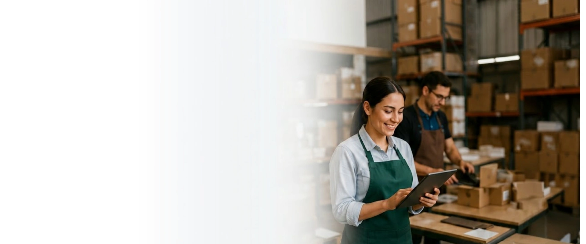 Empleados de una PYME gestionando inventario con una tablet en su almacén