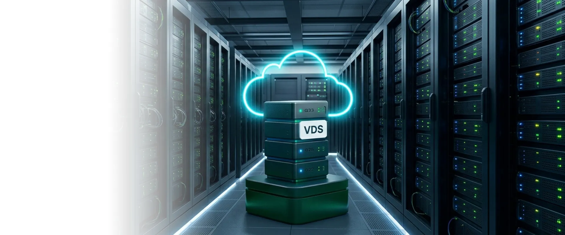 Servidores VDS Premium en la nube sobre pasillo de servidores