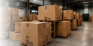 Bodega con cajas de inventario apiladas